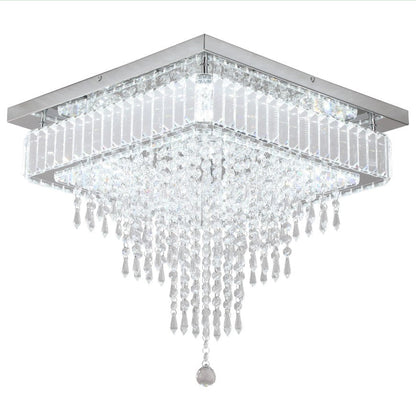 Crystal Square Chandelier LED Ceiling Light Silver Cool White/ 3 Color Lights Dimmable 45cm