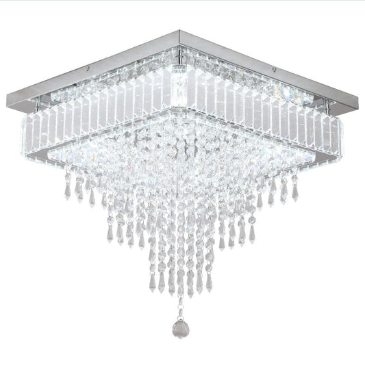 Crystal Square Chandelier LED Ceiling Light Silver Cool White/ 3 Color Lights Dimmable 45cm