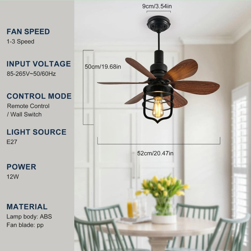 Vintage Style Ceiling Fan with Light E27 Remote Control Black 52cm