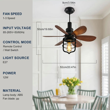 Vintage Style Ceiling Fan with Light E27 Remote Control Black 52cm