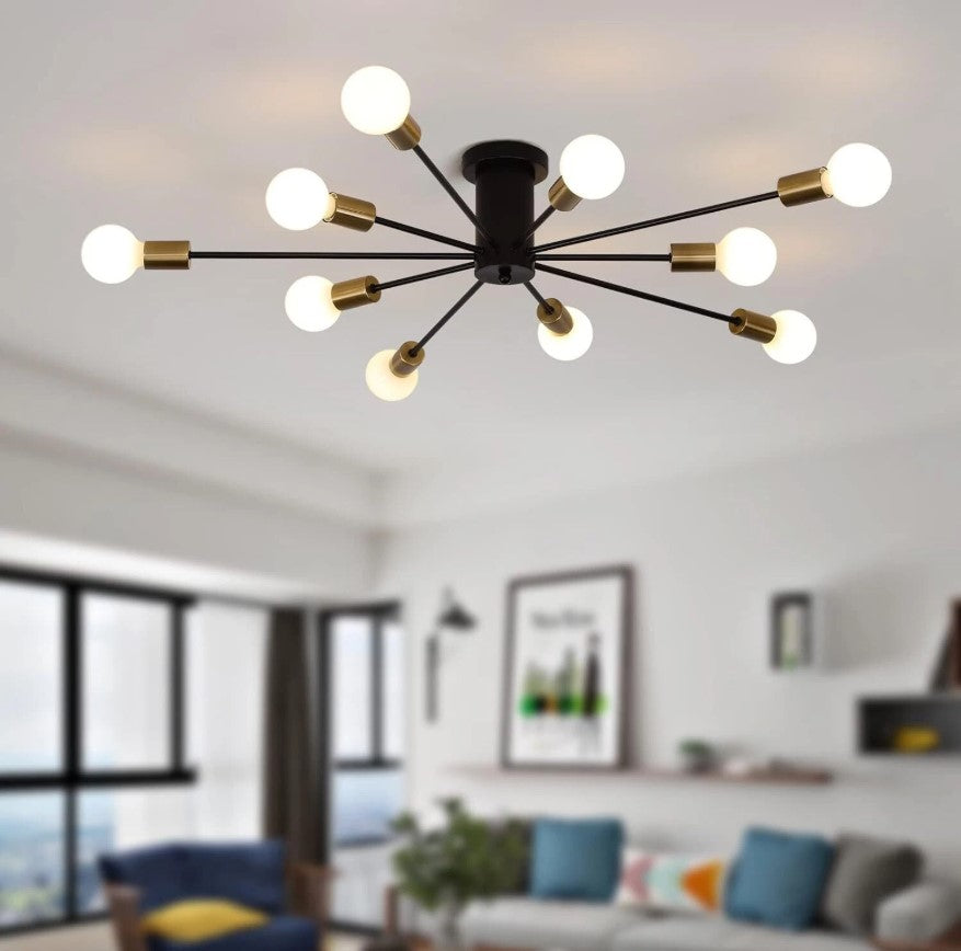 Industrial Ceiling Light Mid Century Sputnik Chandelier 10 Lights Black/Black and Gold 87cm