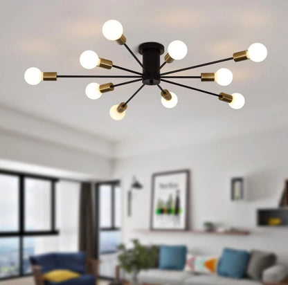 Industrial Ceiling Light Mid Century Sputnik Chandelier 10 Lights Black/Black and Gold 87cm
