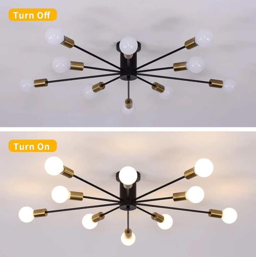 Industrial Ceiling Light Mid Century Sputnik Chandelier 10 Lights Black/Black and Gold 87cm
