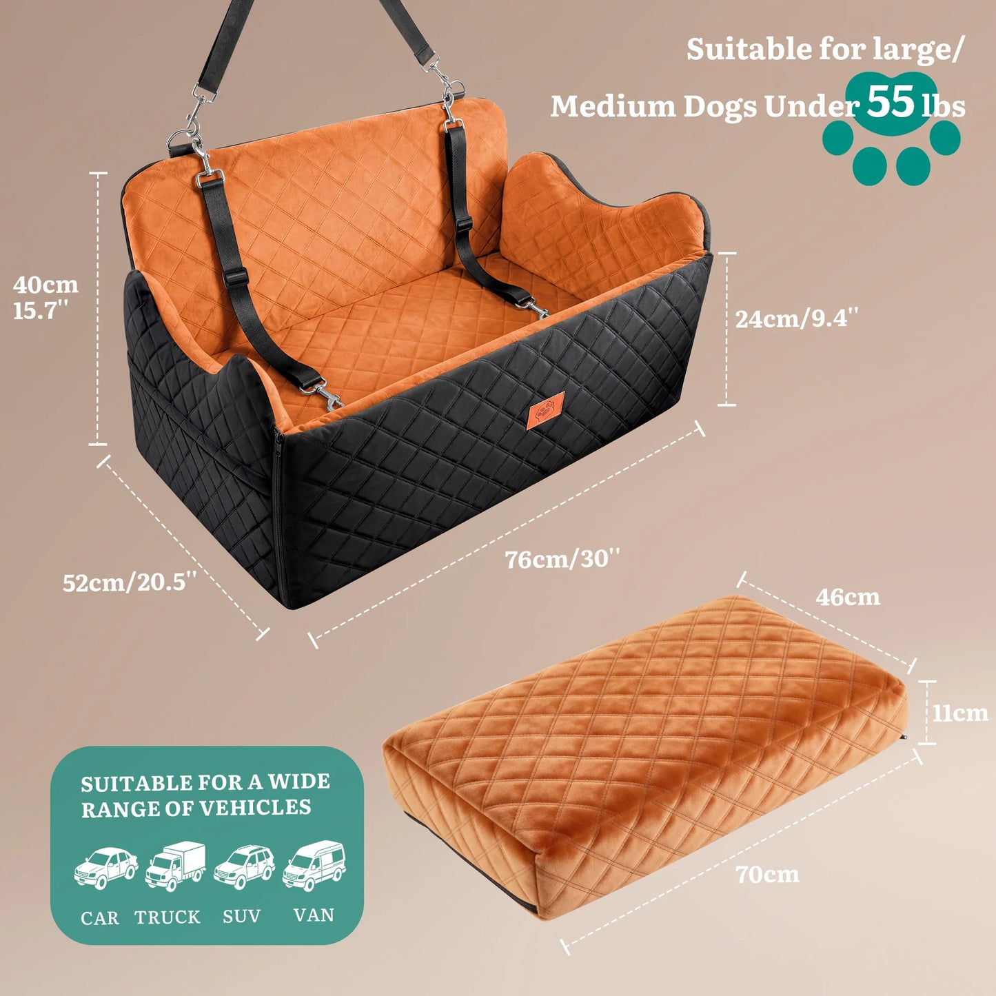 Large Dog Car Seat Booster | Memory Foam Pet Travel Bed | Non-Slip Safety Belt
