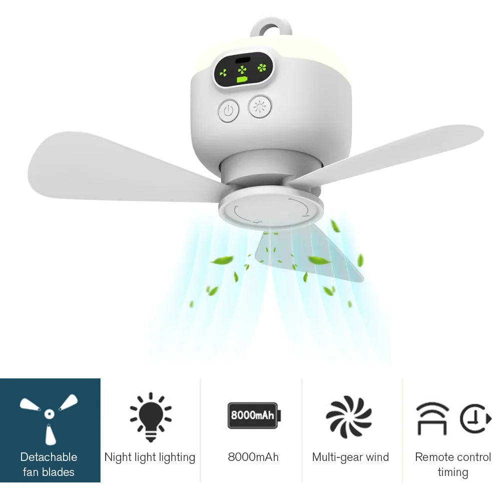 Portable Wireless Ceiling Fan Rechargeable LED Light Remote Control Camping - UK