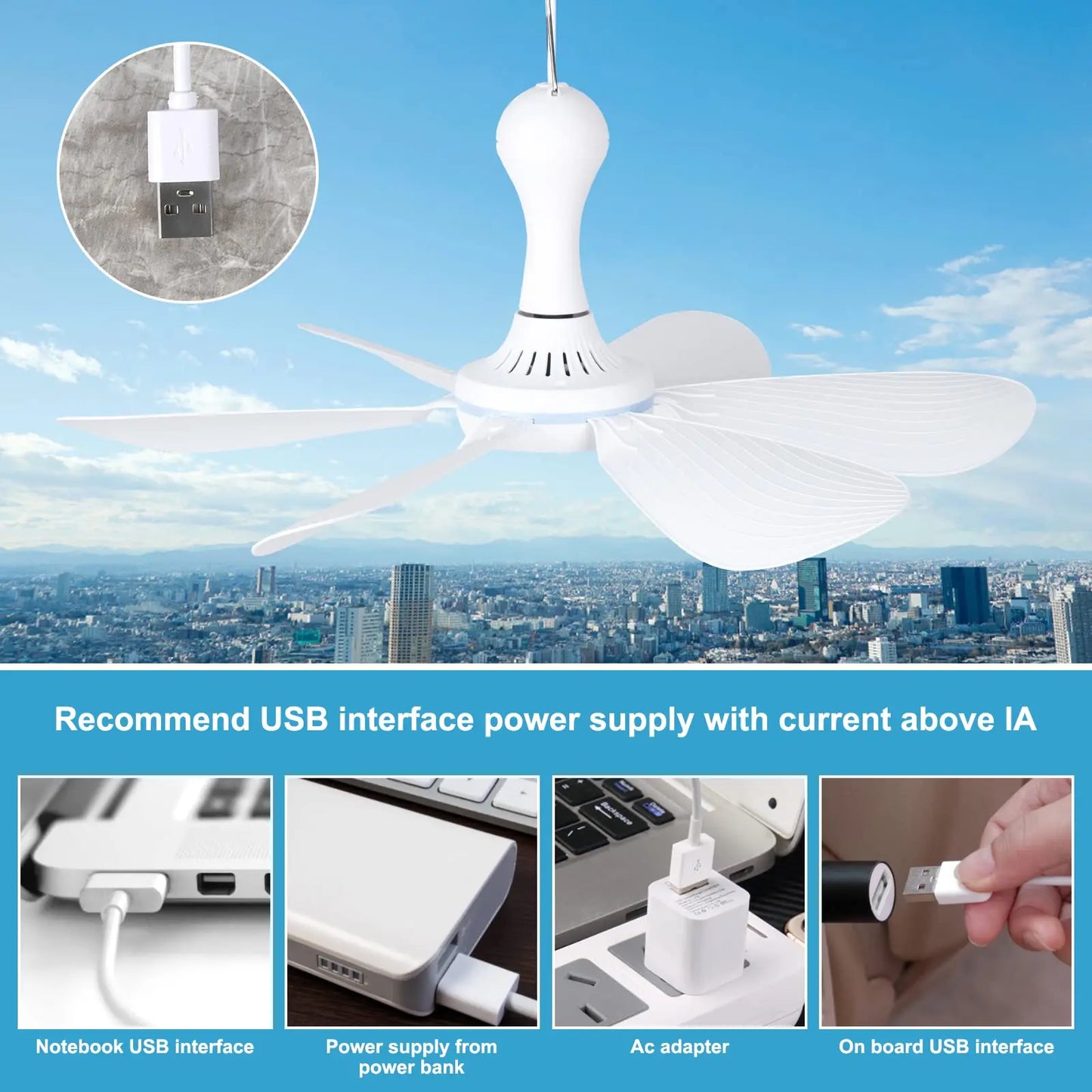USB 6-Blade Hanging Ceiling Fan - portable