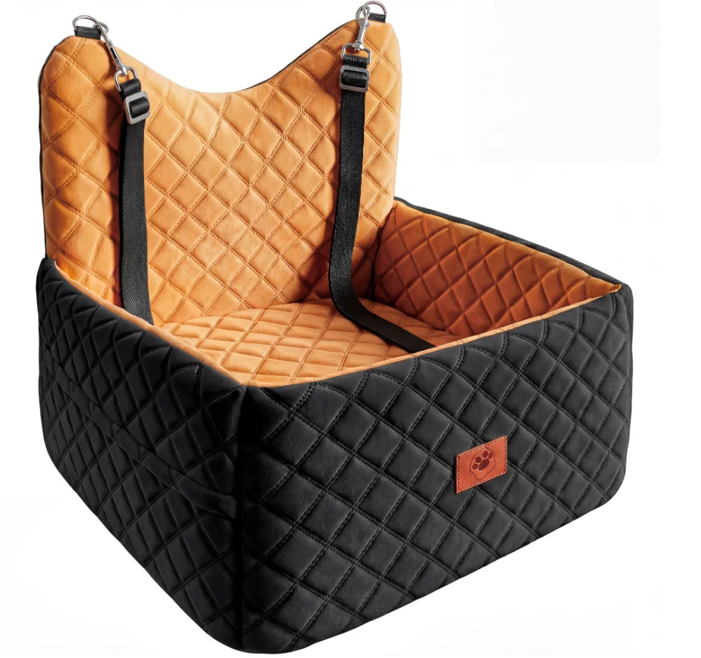 Memory Foam Dog Car Seat | Non-Slip Pet Booster Bed | Safety Belt & Storage
