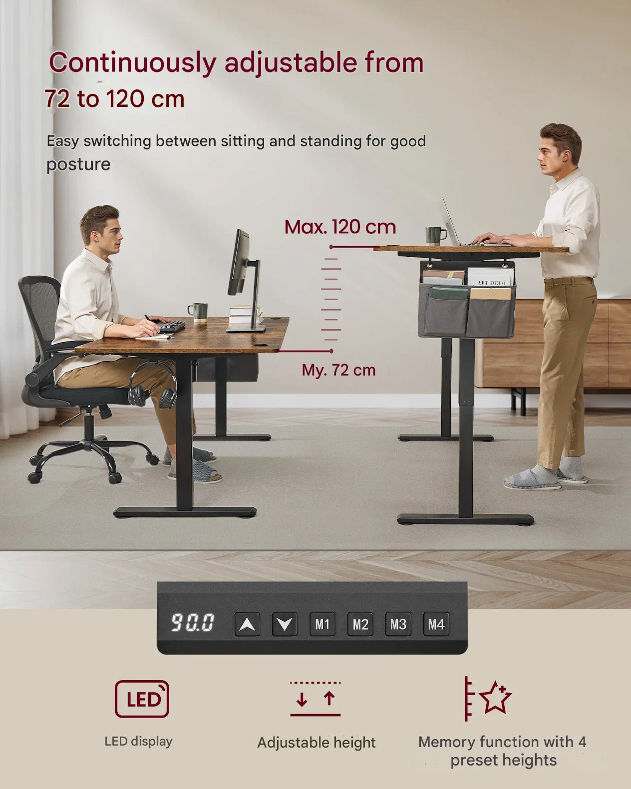 Electric Height Adjustable Standing Desk with Storage Pocket & Hooks, 120cm Workstation for Home Office