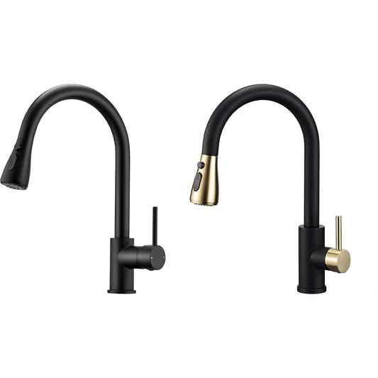 Modern Pull-Down Kitchen Tap | Dual Spray Brass Mixer | Black & Gold Faucet