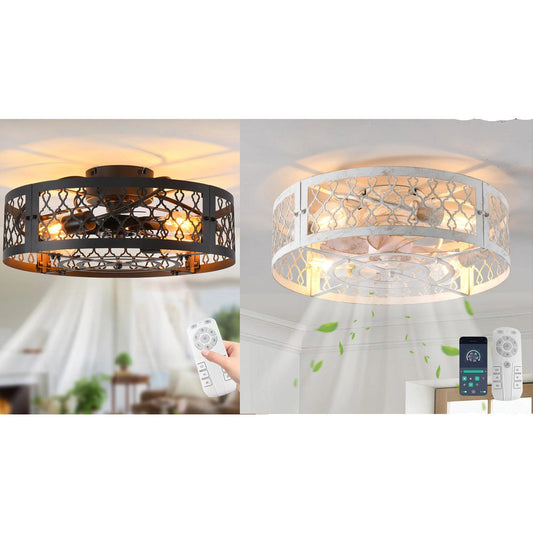 Industrial Flush Mount Ceiling Fan Black/White 4xE27 50cm with Remote Control