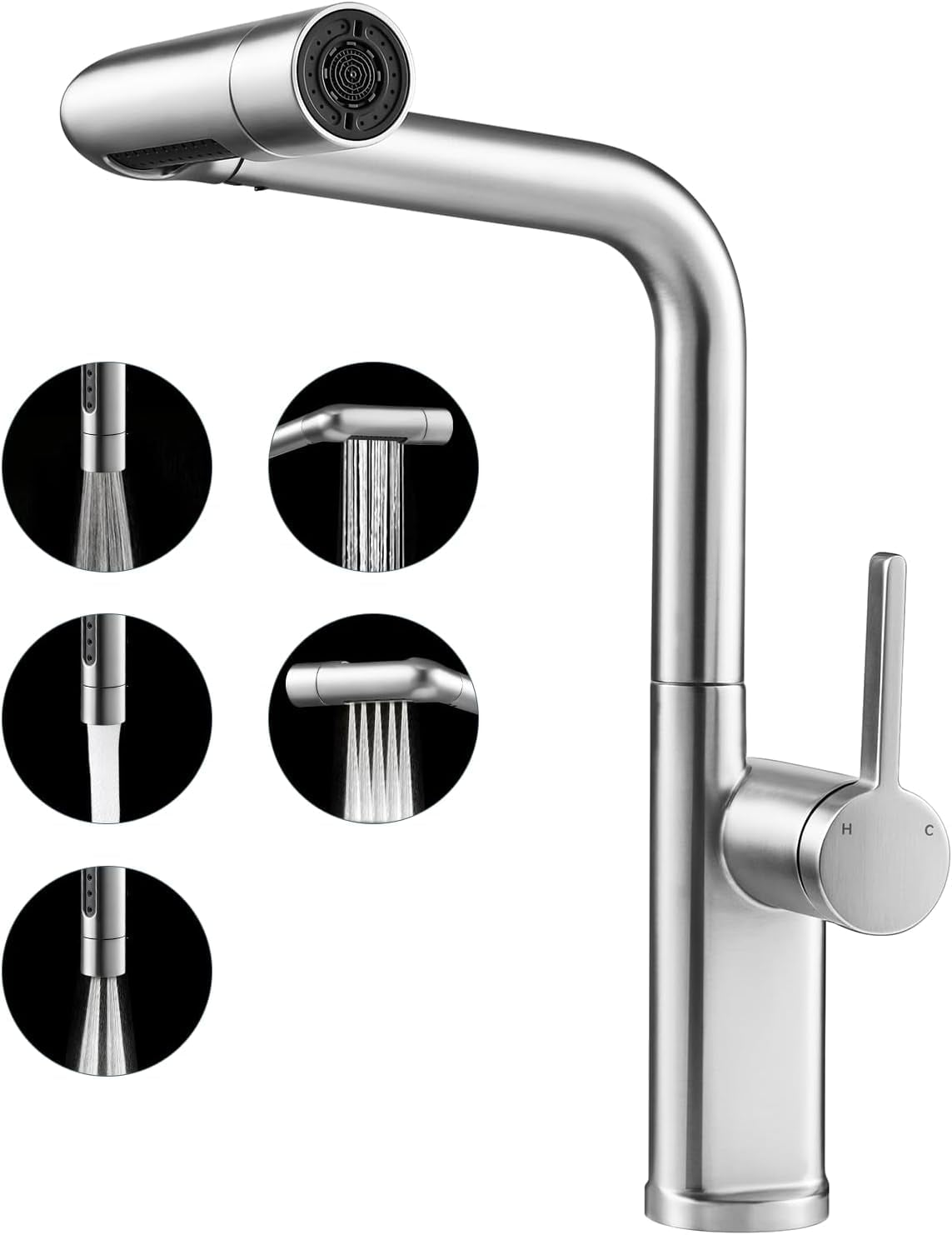 Modern 5-Mode Kitchen Tap | Brass Pull-Down Mixer | Chrome & Brushed Nickel