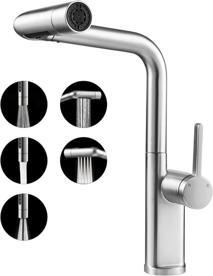 Modern 5-Mode Kitchen Tap | Brass Pull-Down Mixer | Chrome & Brushed Nickel