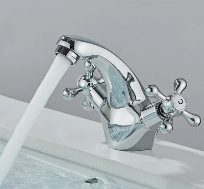 Chrome Cross Handle Basin Tap | Dual Lever Brass Mixer | Classic Bathroom Tap