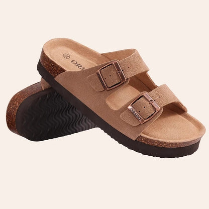 Women’s Open Toe Cork Sandals - Adjustable Buckle, Suede Flat Slippers