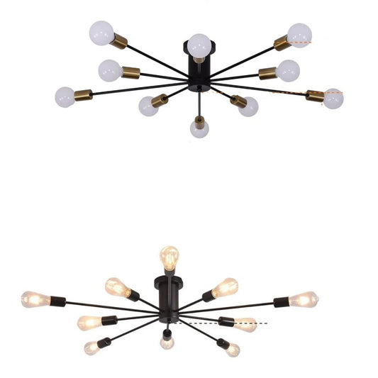 Industrial Ceiling Light Mid Century Sputnik Chandelier 10 Lights Black/Black and Gold 87cm